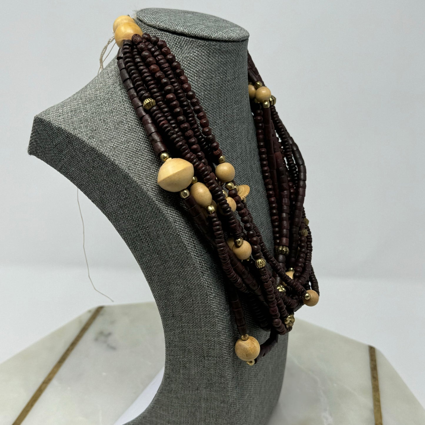 Unique Handmade Multi-Strand Necklace Brown & Beige Beaded - Boho Wood Statement Jewelry