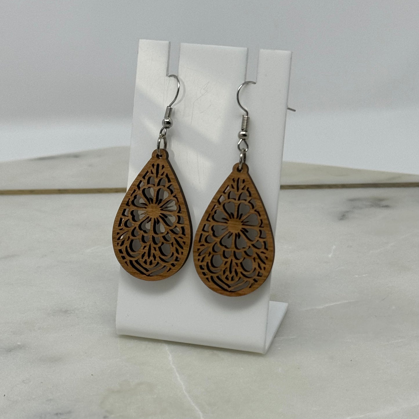 Earrings Boho Woodgrain Intricate Flower Teardrop Hook Dangles 2.5 Inch Drop Brown