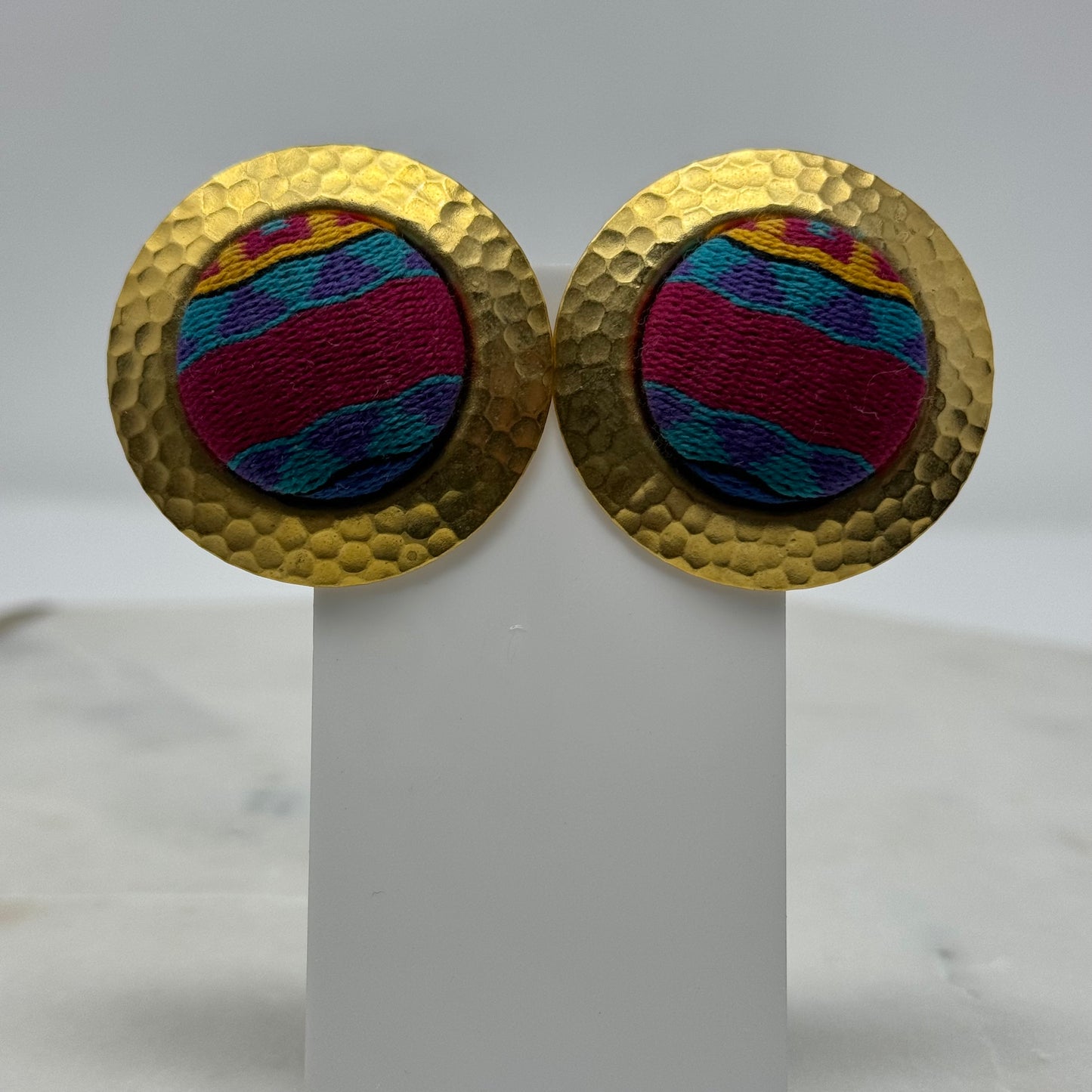 1990’s Boho Large Round Gold Hammered Post Earrings