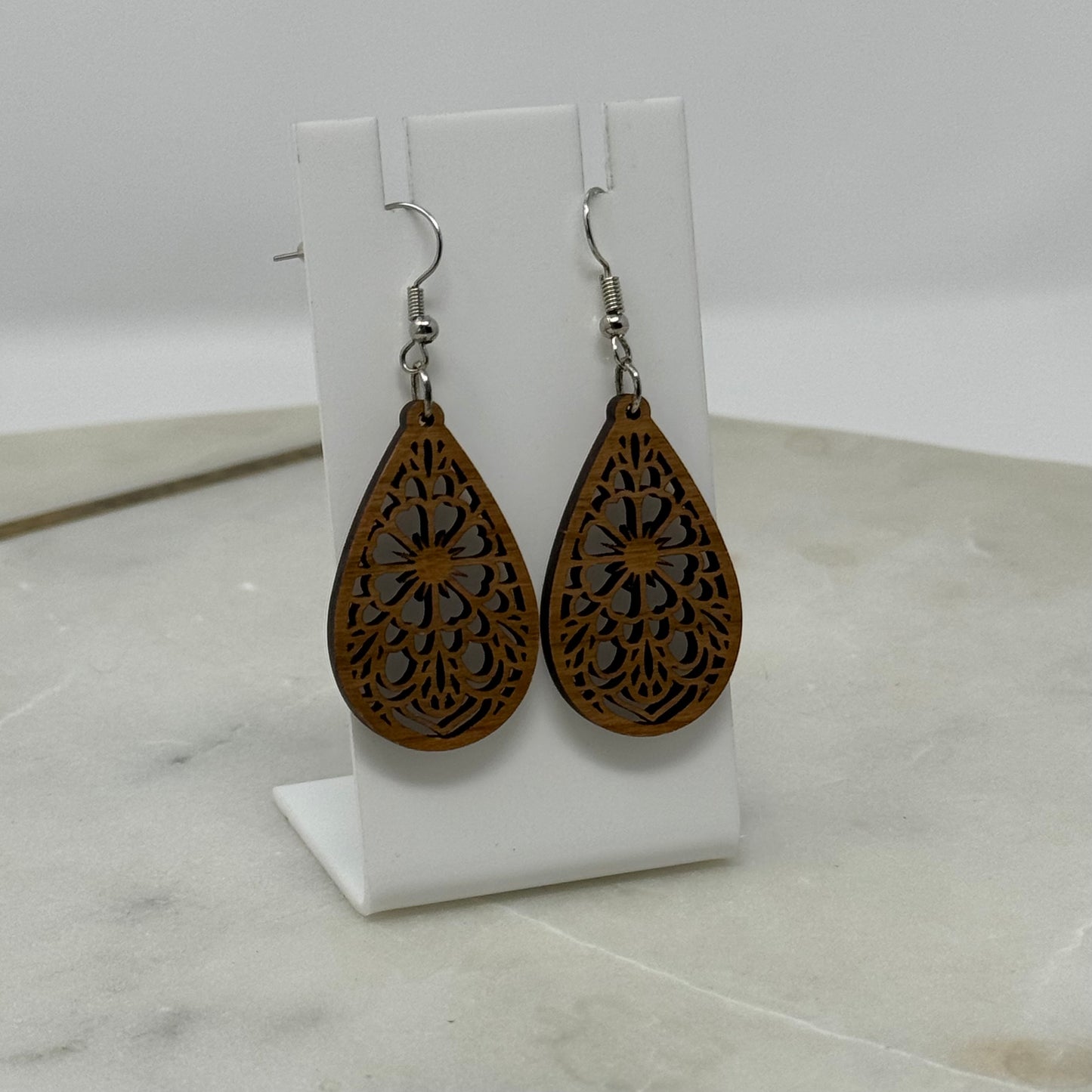 Earrings Boho Woodgrain Intricate Flower Teardrop Hook Dangles 2.5 Inch Drop Brown