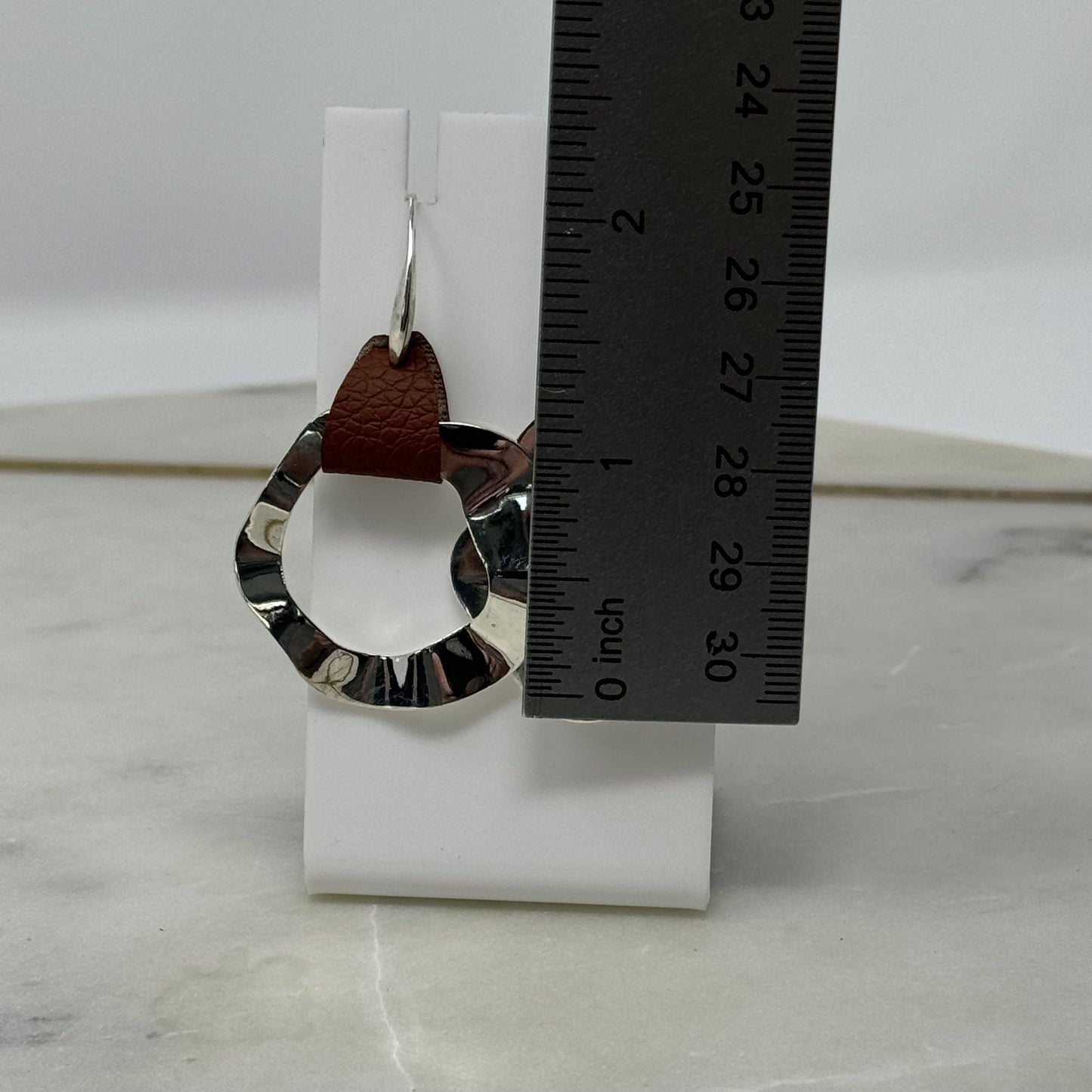 Earrings Boho Modern Southwest Leather Silver Tone Abstract Artisan Dangle Hook 2.5 in