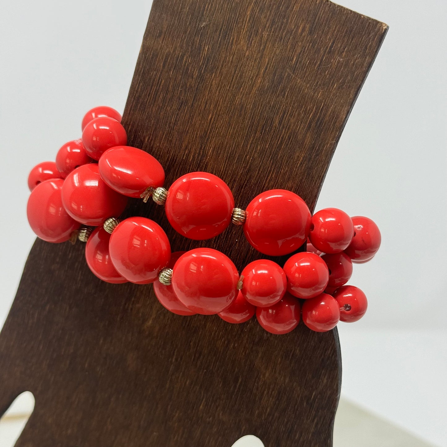 Bracelet Stretch Red Beaded Strands Gold Spacer Set of 3 Stackable Bangles 8 in Costume Jewelry