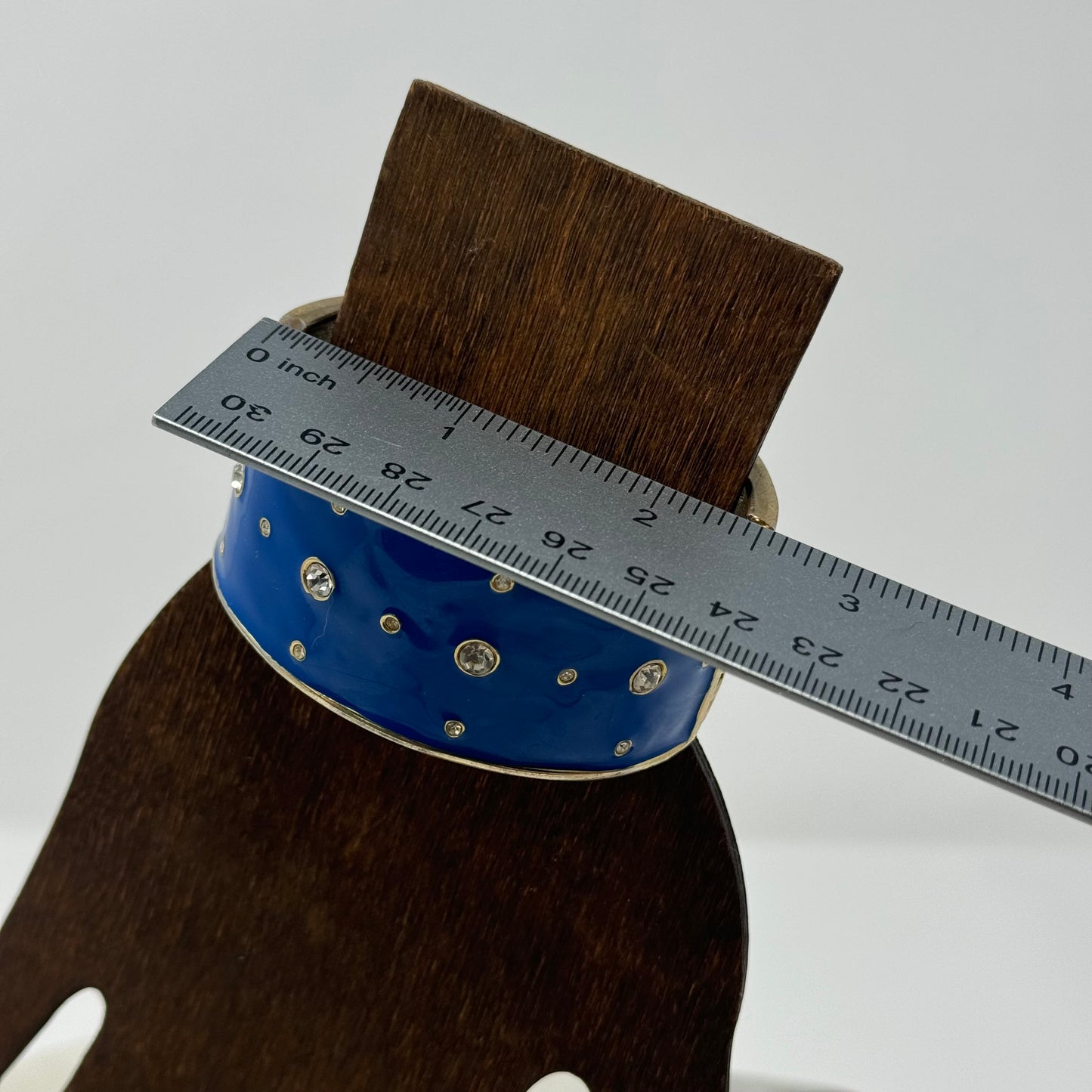 Bracelet Blue Wide Metal Cuff Rhinestone Hinge Bangle 7.5 in Costume Jewelry