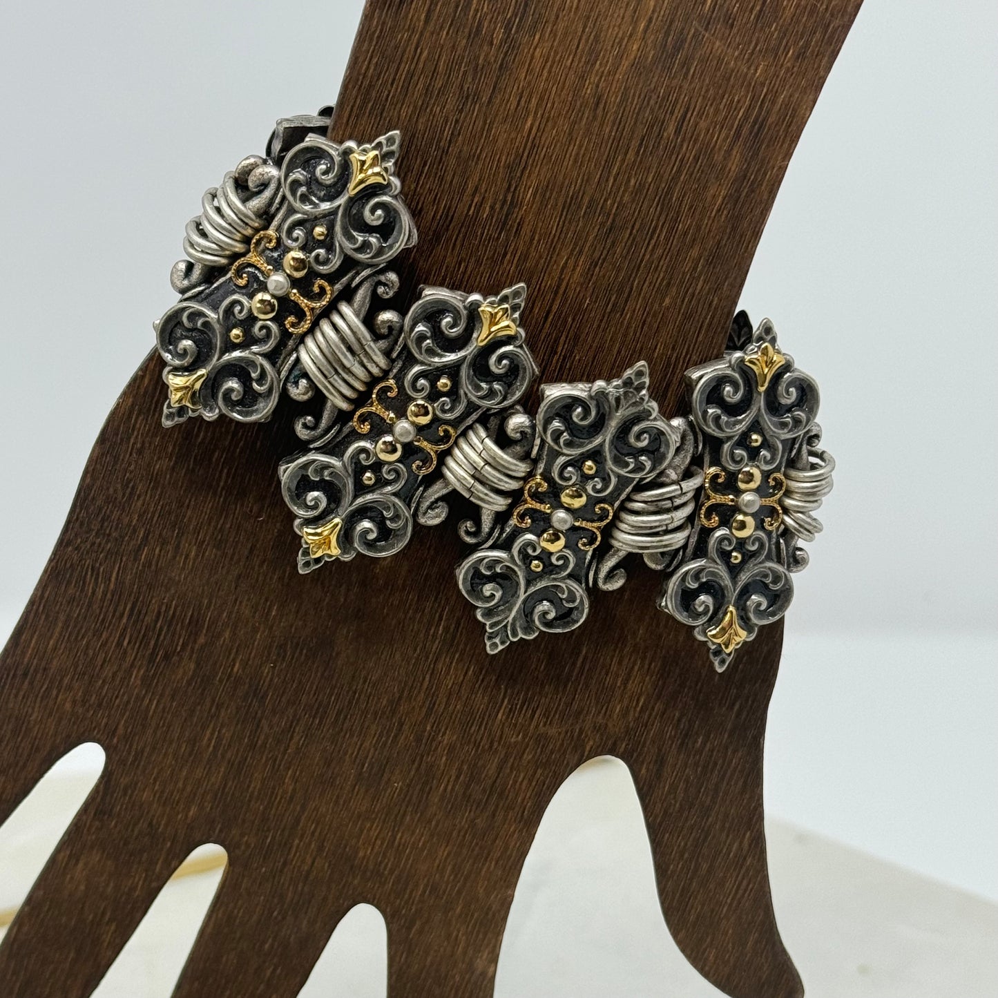 Bracelet Boho Southwest Intricate Segmented Metal Work Link Bangle Cuff 7.5 in Costume Jewelry