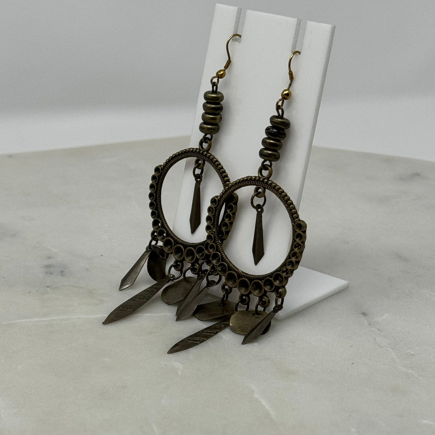 Earrings Boho Southwest Dangles Brass Tone Chandelier Hook 4" Drop Pierced Ear