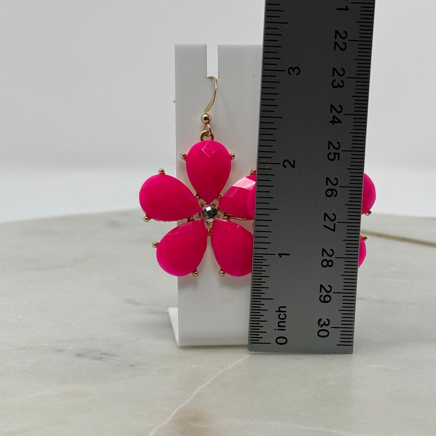Vibrant Pink Flower Rhinestone Dangle Hook Earrings