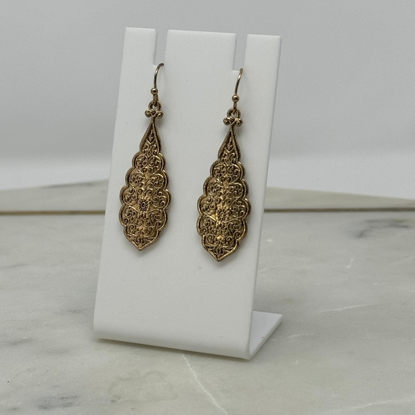 Earrings Boho Southwest Gold Tone Detailed Ornate Teardrop Dangle Hook 2 in