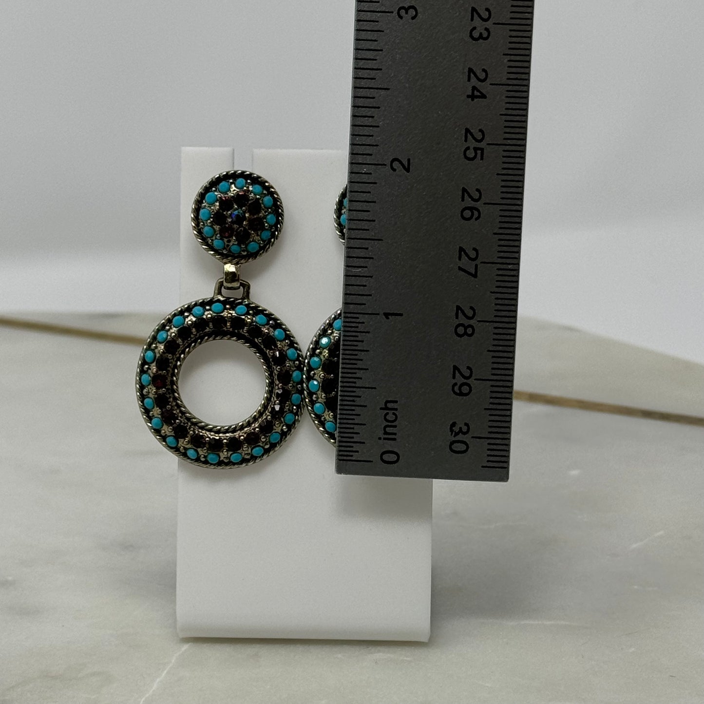 Earrings Boho Southwest Round Stud Dangles Blue Silver Tone Stud 2 in Drop