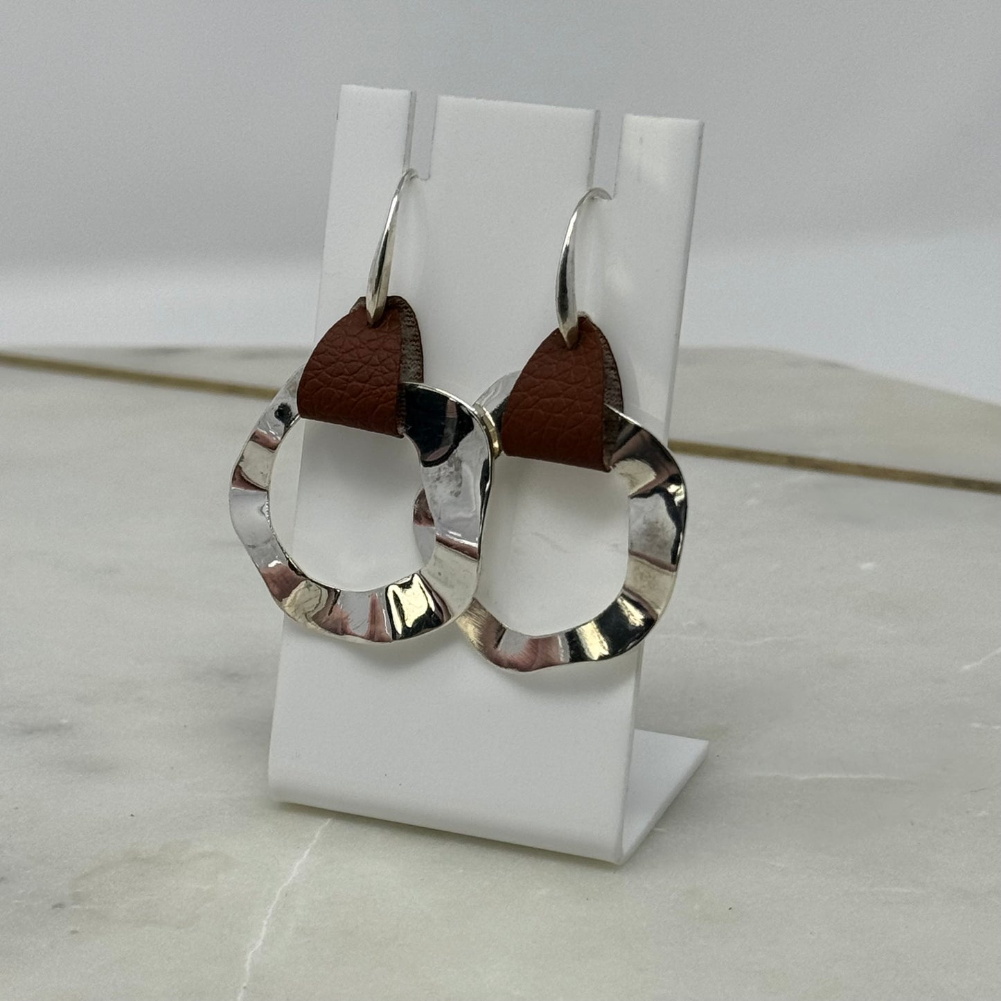Earrings Boho Modern Southwest Leather Silver Tone Abstract Artisan Dangle Hook 2.5 in