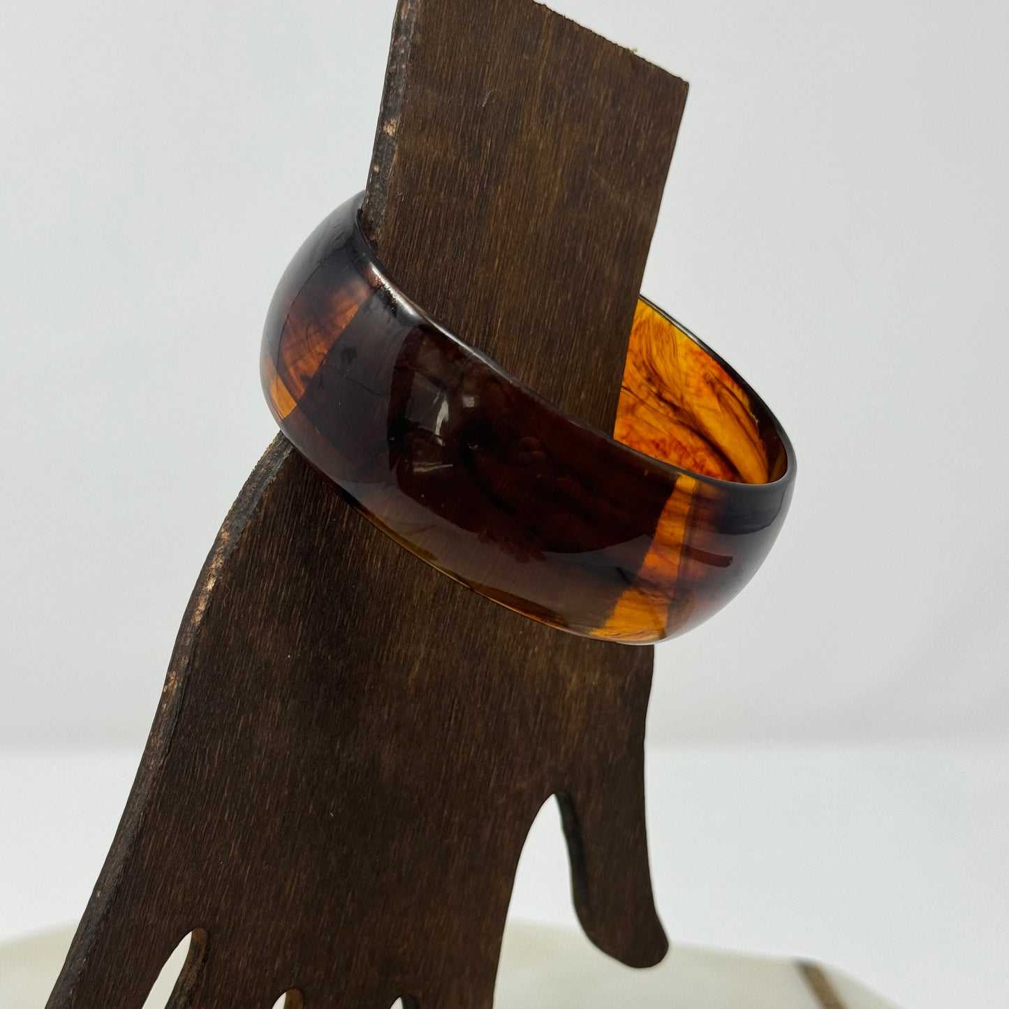 Vintage Amber Resin Bangle Bracelet - Retro Wide Brown Marbled Minimal Design