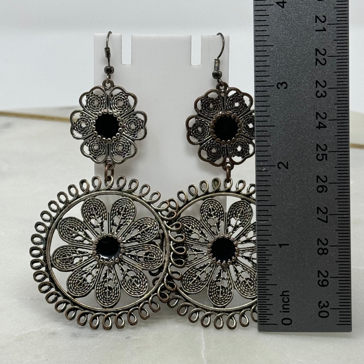 Floral Silver & Black Multi-Layer Dangle Hook Earrings