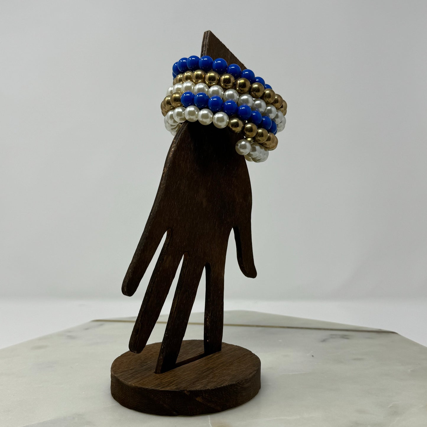 Vintage Royal Blue, Gold & Pearl Wire Wrap Bracelet