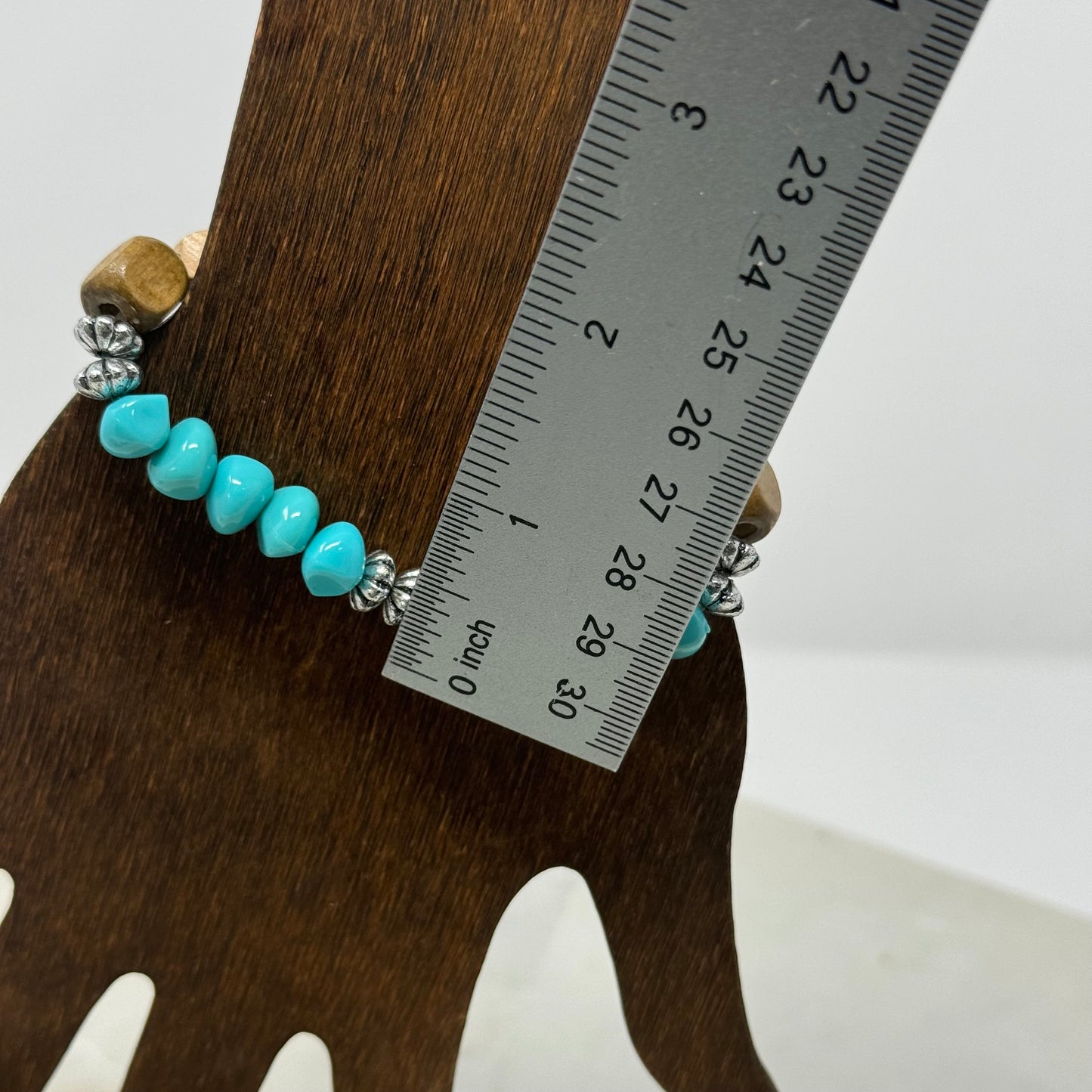 Bracelet Boho Southwest Wood Beaded Stretch Bangle Teal Blue Beige Silver 7 in