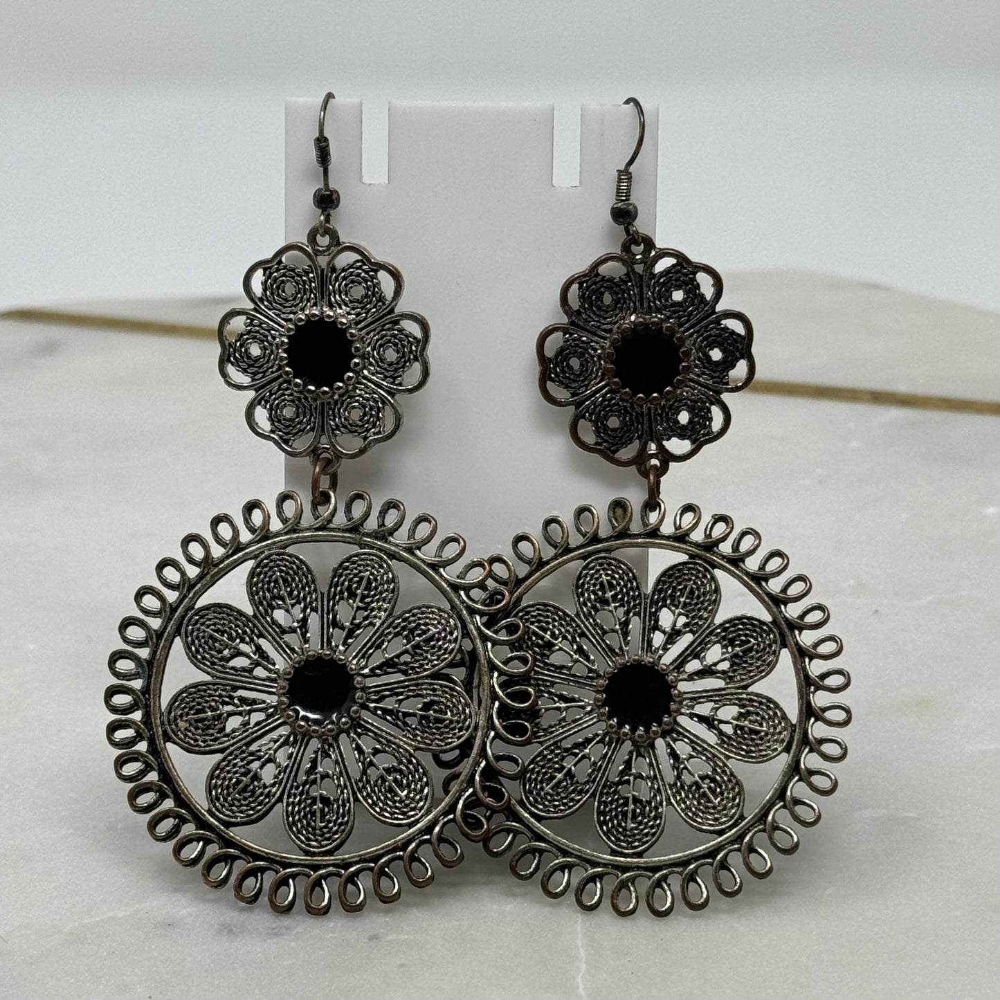 Floral Silver & Black Multi-Layer Dangle Hook Earrings