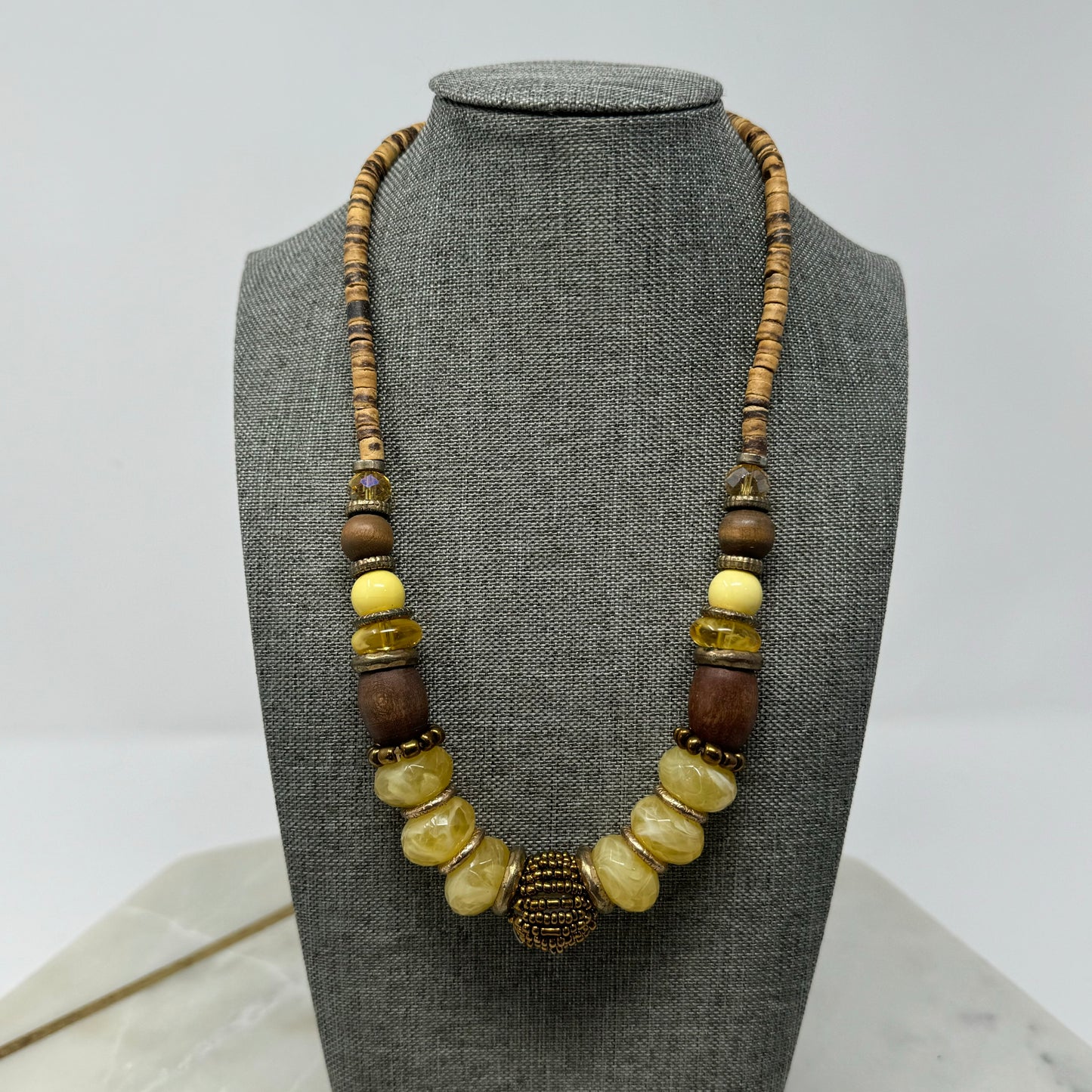 Necklace Boho Beaded Statement Brown Beige 16” Costume Jewelry