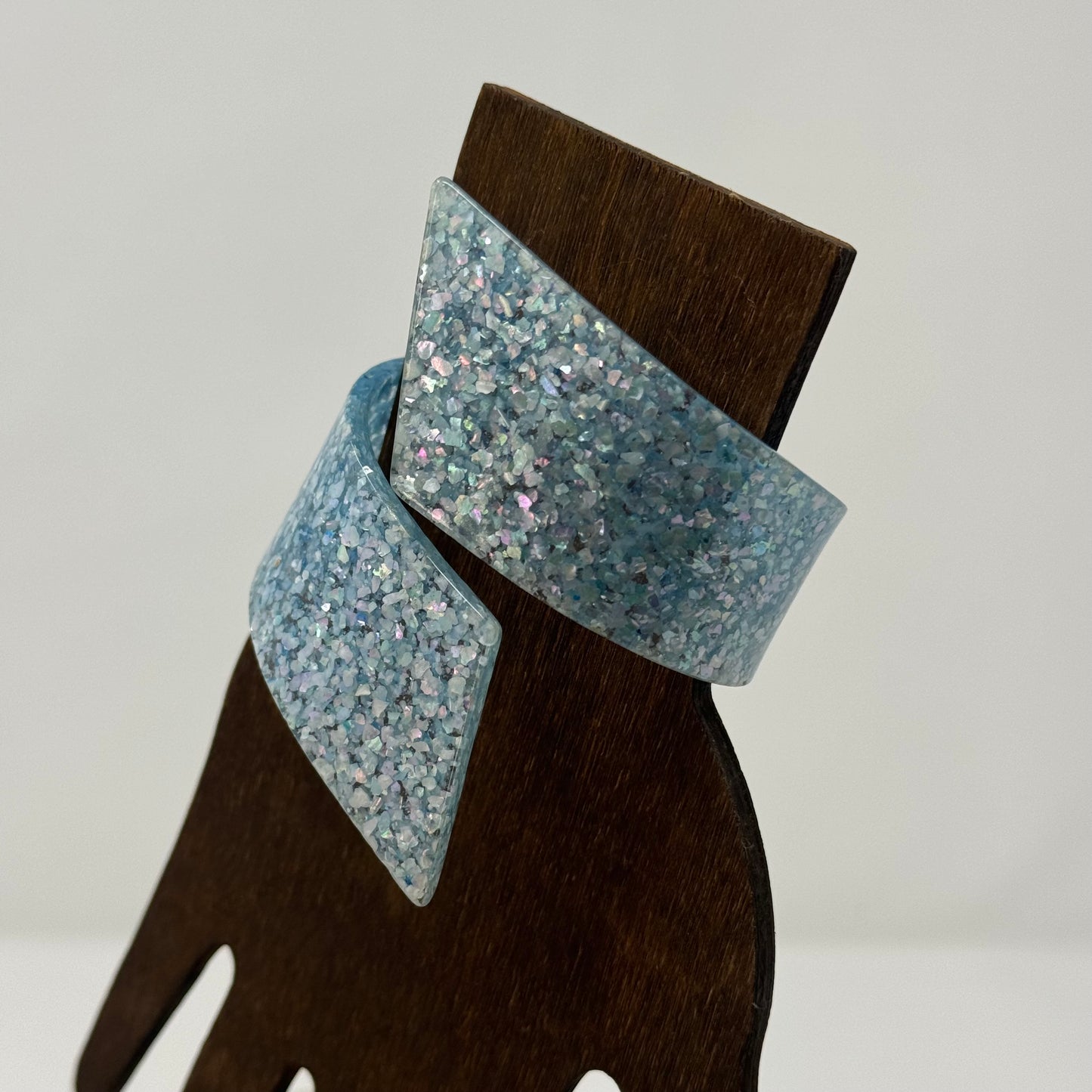 Vintage Blue Glitter Bangle Bracelet - Retro Unique, Wide Sparkle Cuff, Statement Jewelry
