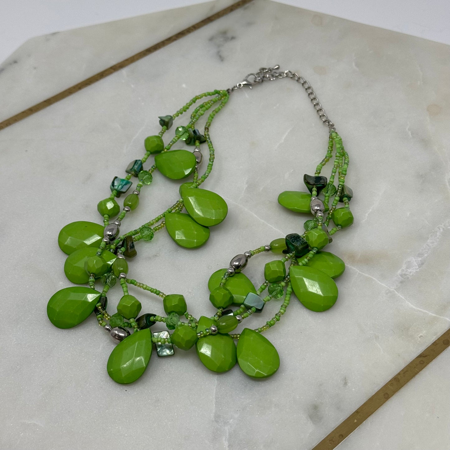 Women’s Necklace Boho Statement Beaded Teardrop Pendants Green Shell 16 in