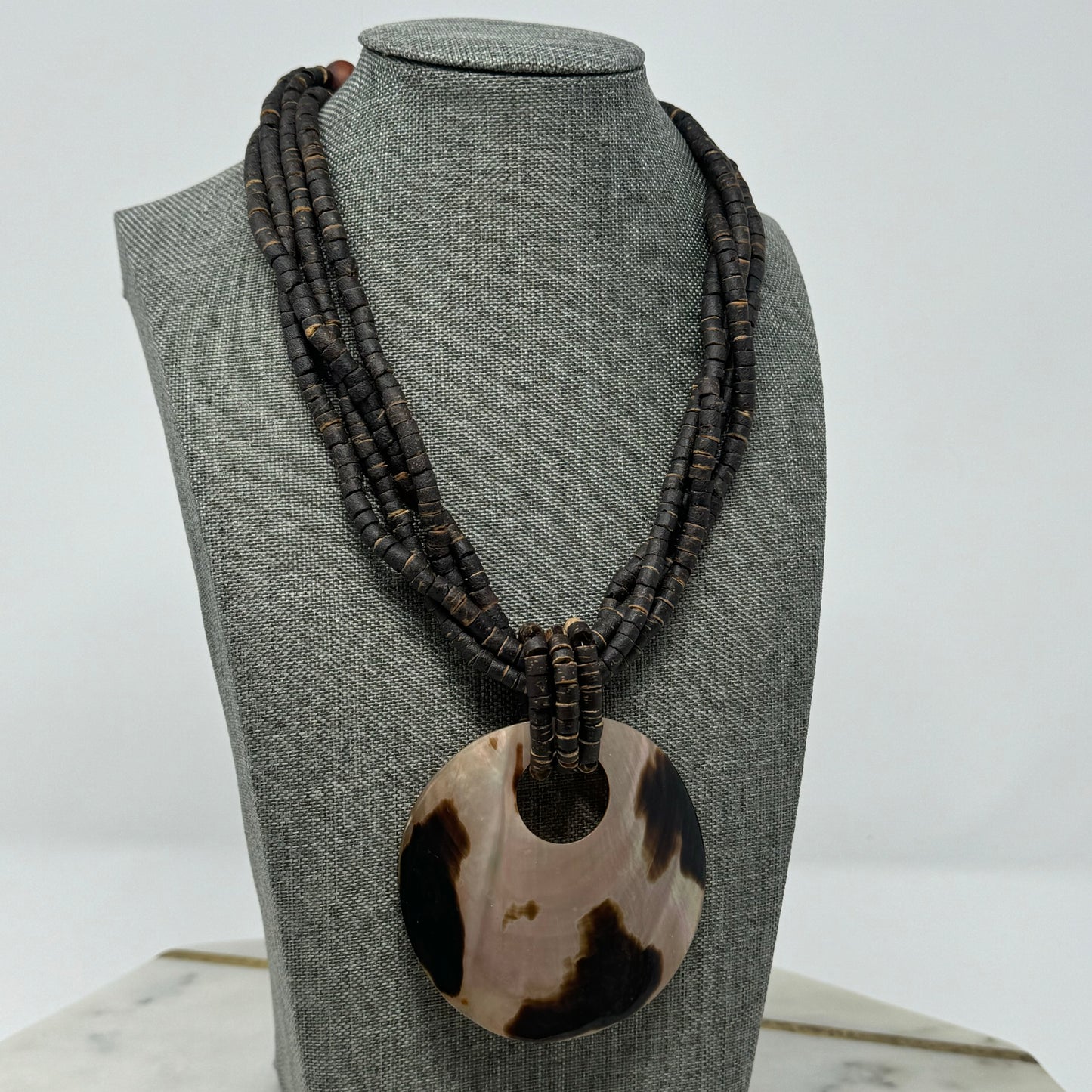 Boho Brown Beaded Necklace Large Shell Pendant Multi-Strand Brown Handmade Statement Jewelry
