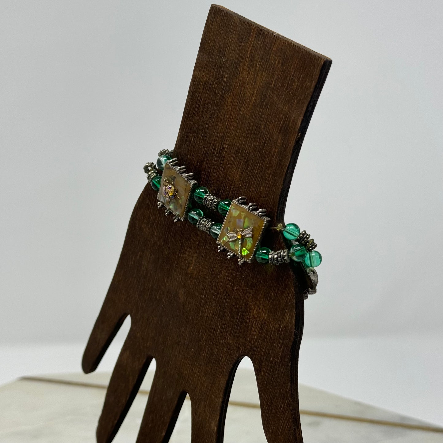 Bracelet Metallic Insect Charm Double Beaded Strand Green Yellow 7 in Costume Jewelry