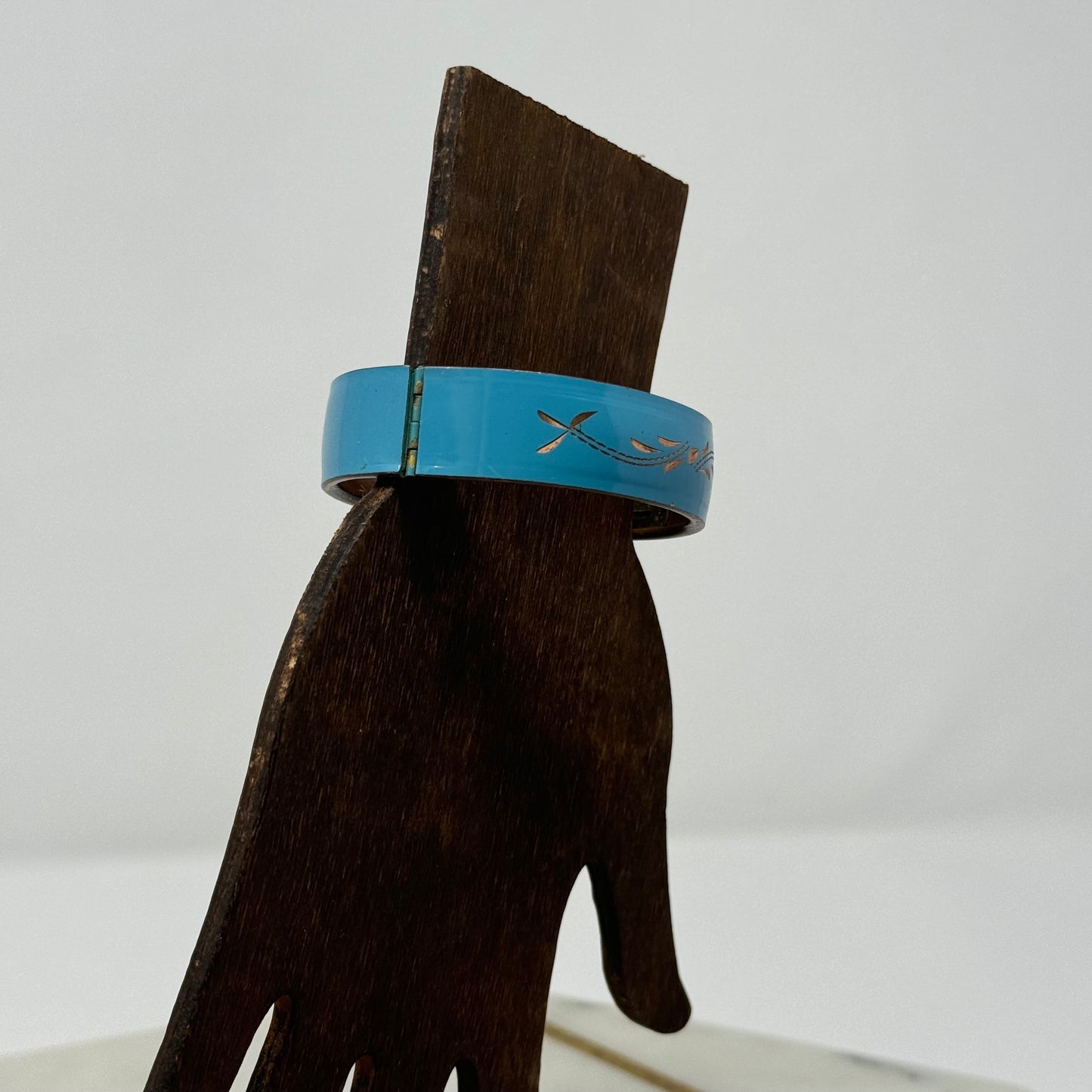 Vintage Blue Bangle Bracelet with Gold Accents - Mid-Century Modern, Floral Design, Retro Statement Jewelry