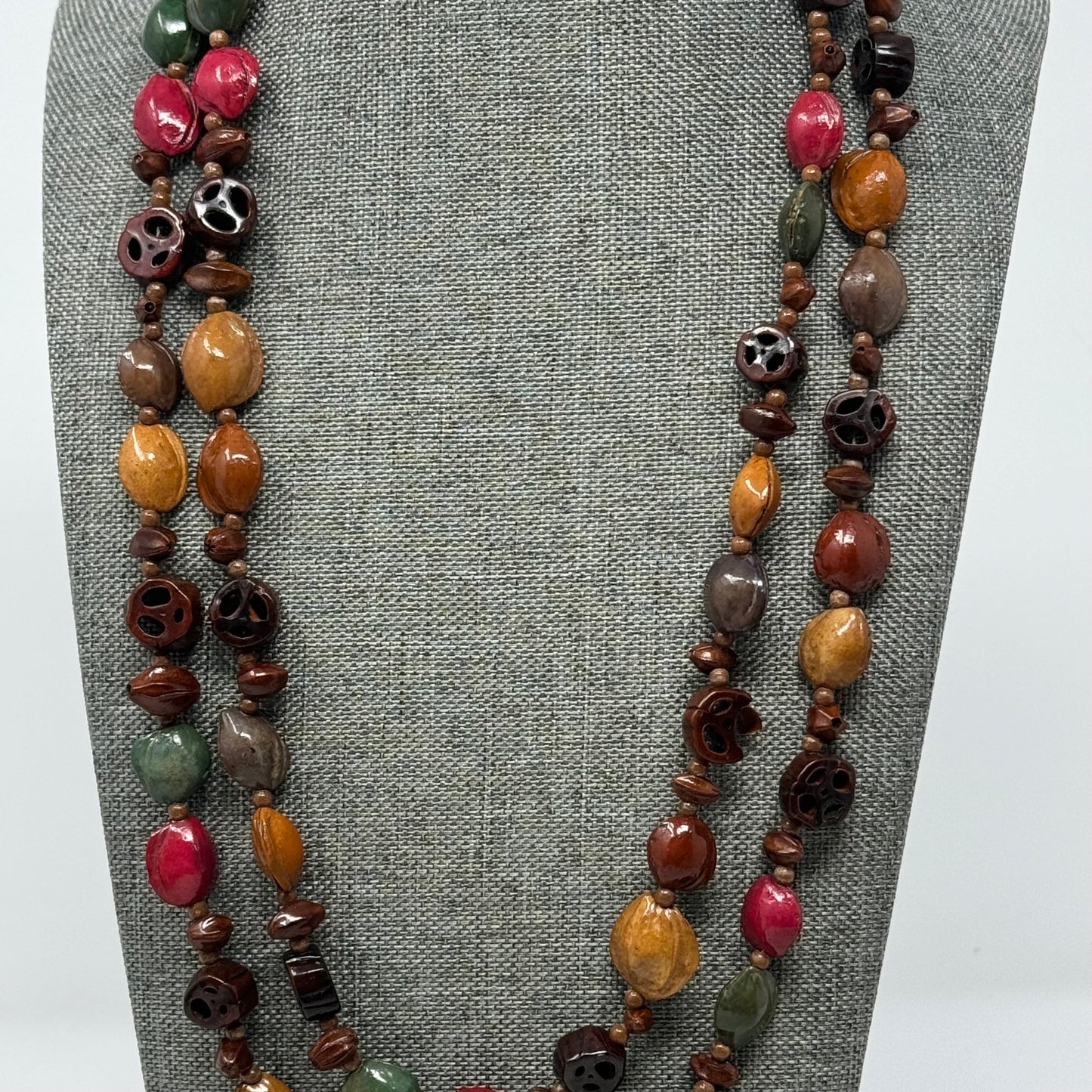 Artisan Hand-carved Bead Necklace - Boho Multi-Colored Statement Jewelry Handmade