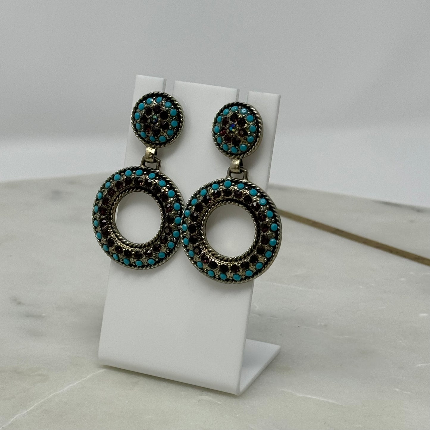 Earrings Boho Southwest Round Stud Dangles Blue Silver Tone Stud 2 in Drop