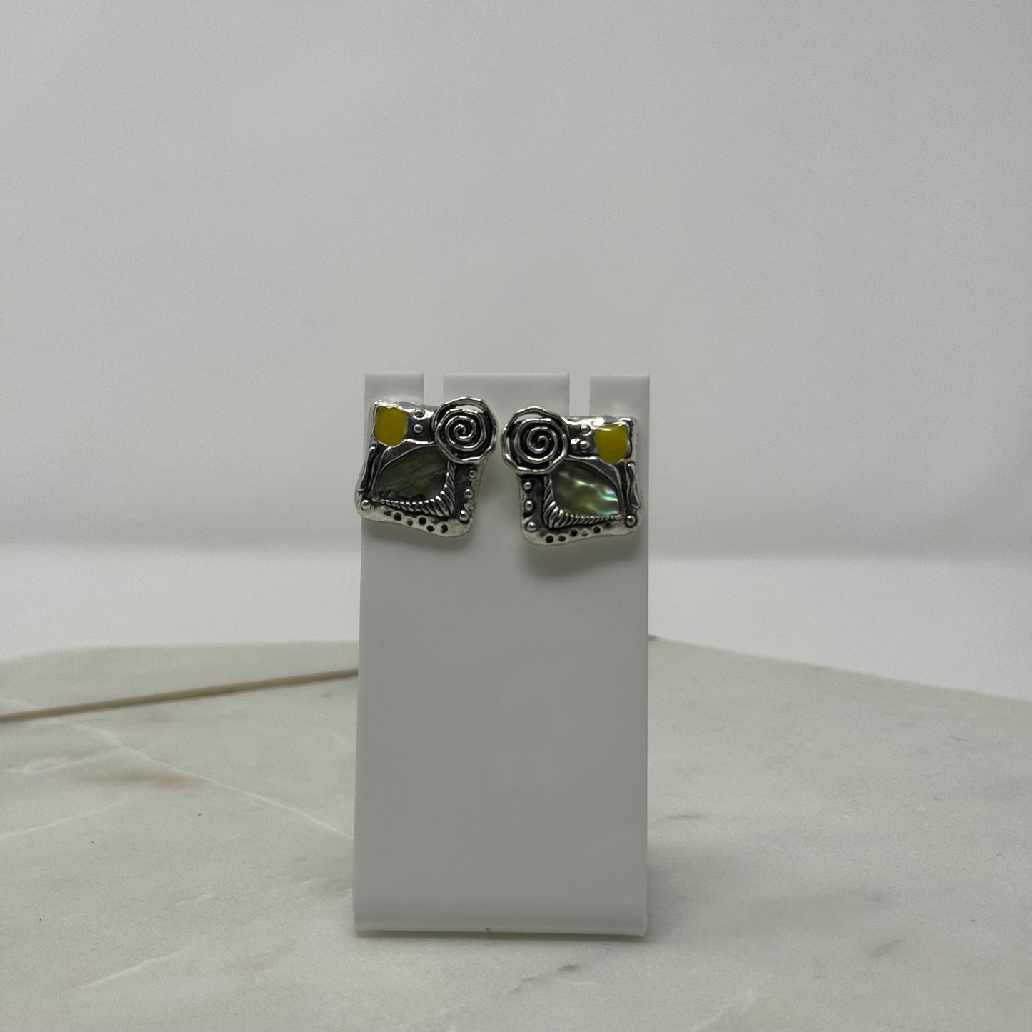 Green & Yellow Square Eclectic Silver Stud Earrings