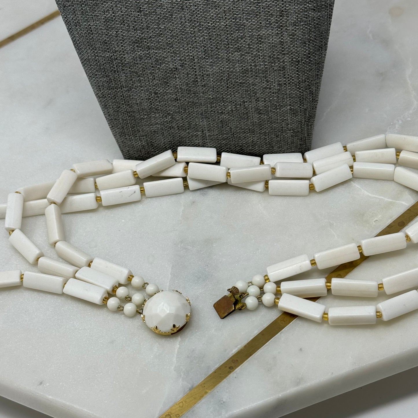 Vintage Necklace Statement Multi Strand Beaded White Box Clasp 15 in Jewelry