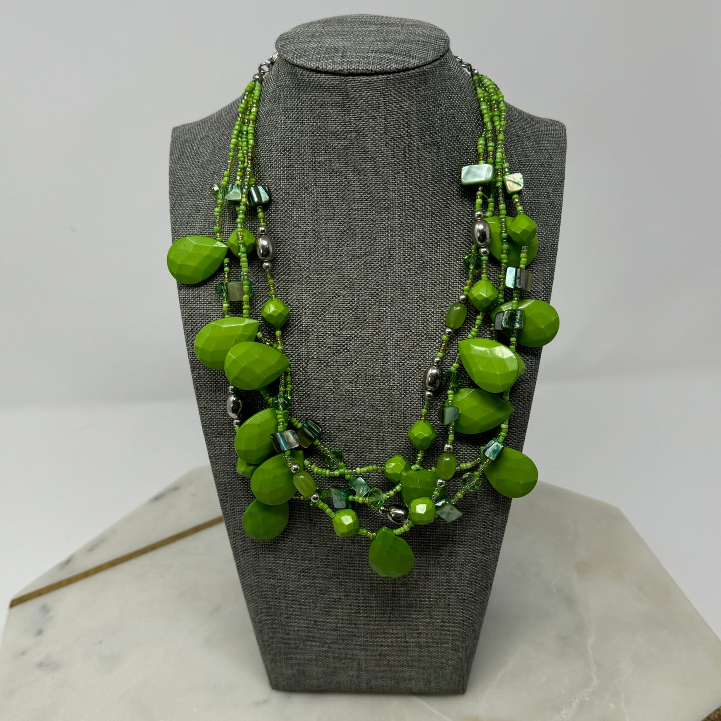 Women’s Necklace Boho Statement Beaded Teardrop Pendants Green Shell 16 in