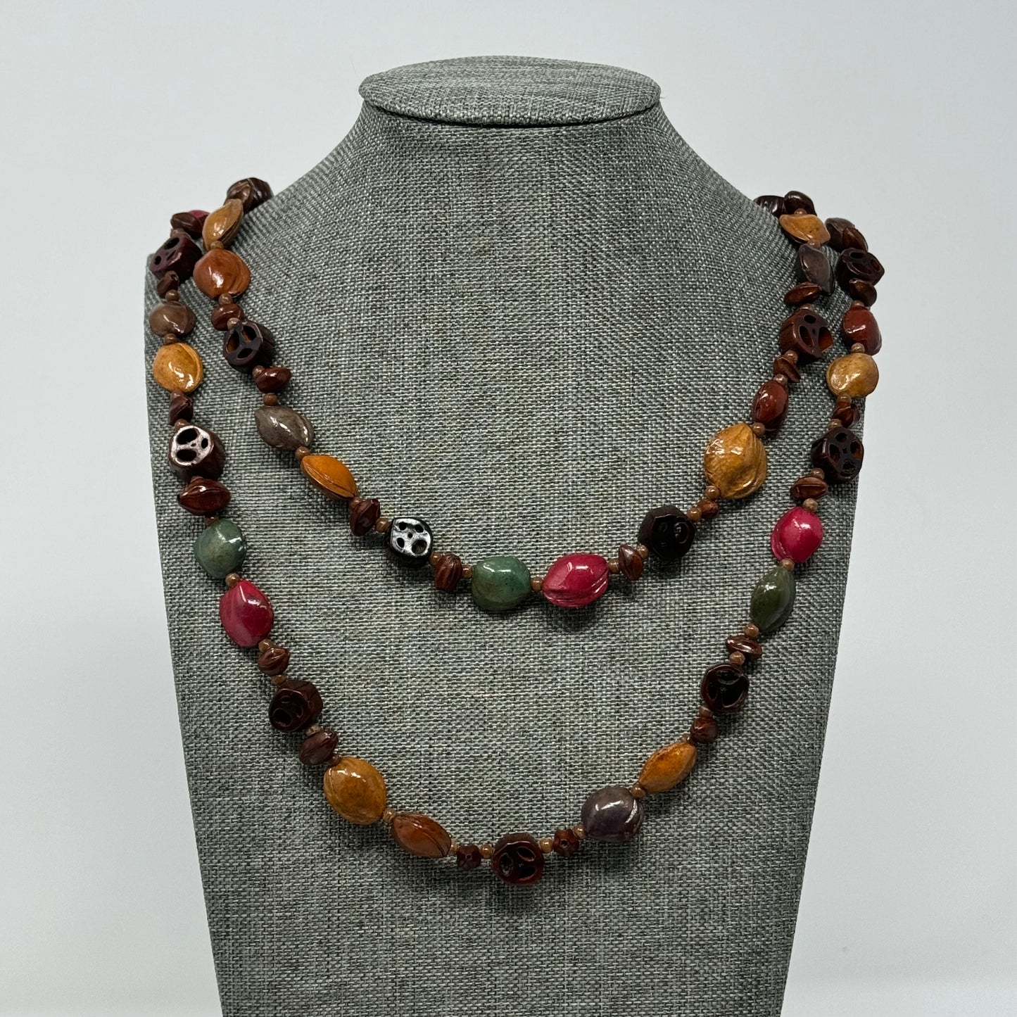 Artisan Hand-carved Bead Necklace - Boho Multi-Colored Statement Jewelry Handmade
