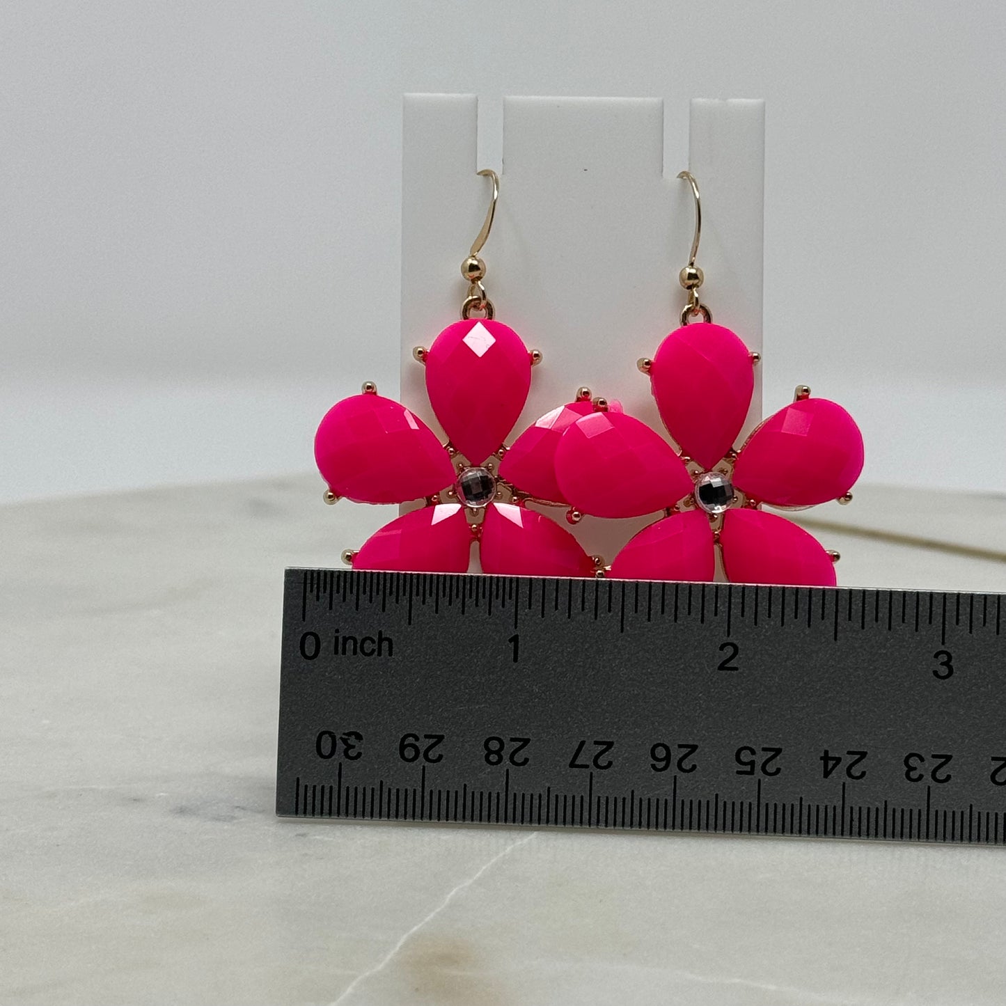Vibrant Pink Flower Rhinestone Dangle Hook Earrings