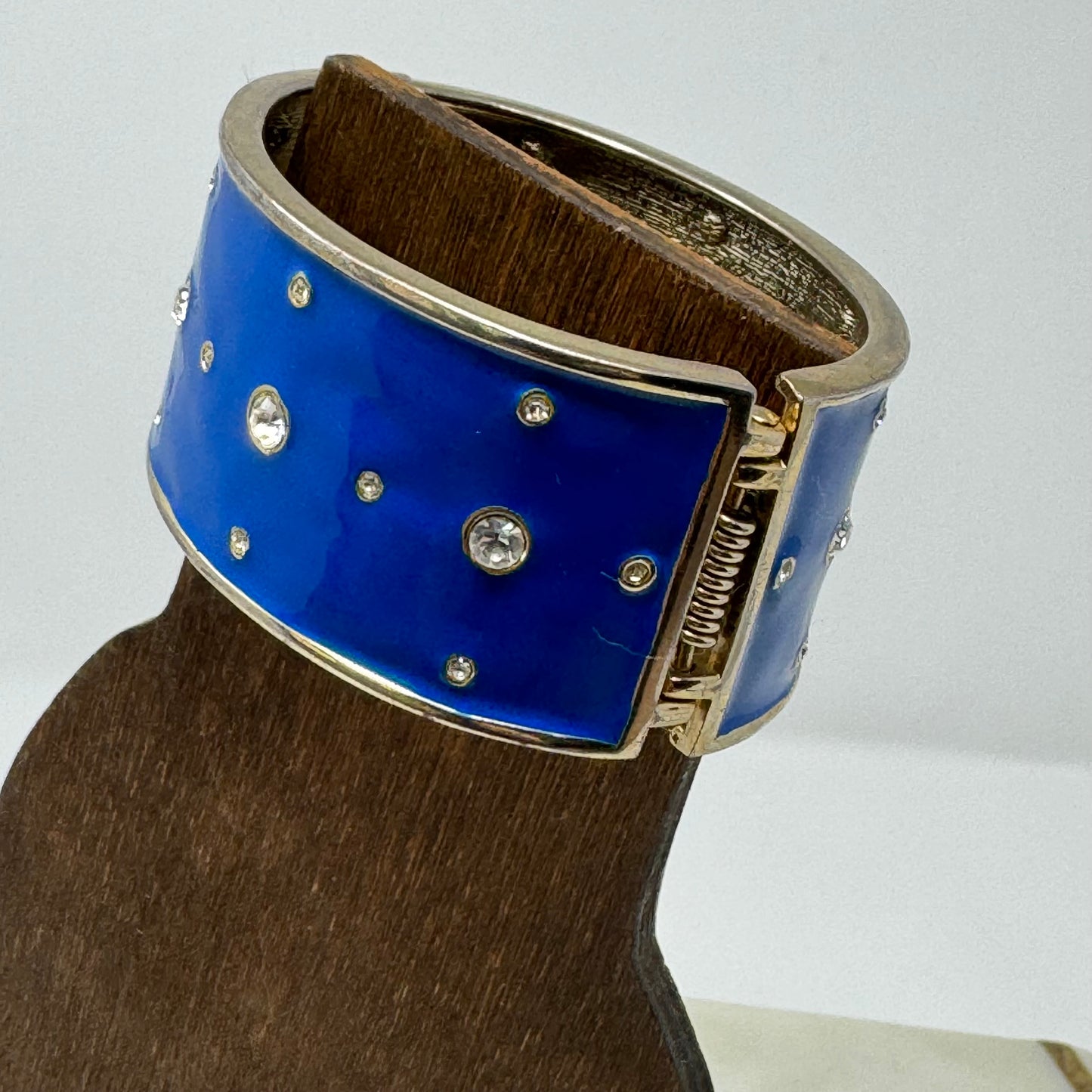 Bracelet Blue Wide Metal Cuff Rhinestone Hinge Bangle 7.5 in Costume Jewelry