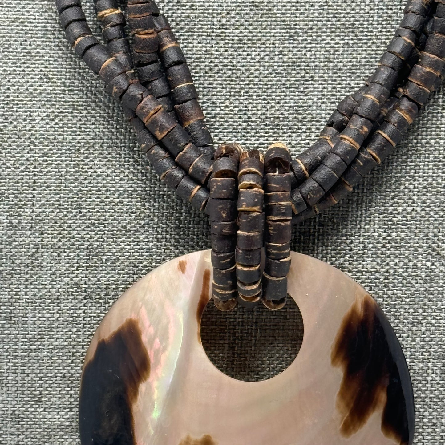Boho Brown Beaded Necklace Large Shell Pendant Multi-Strand Brown Handmade Statement Jewelry