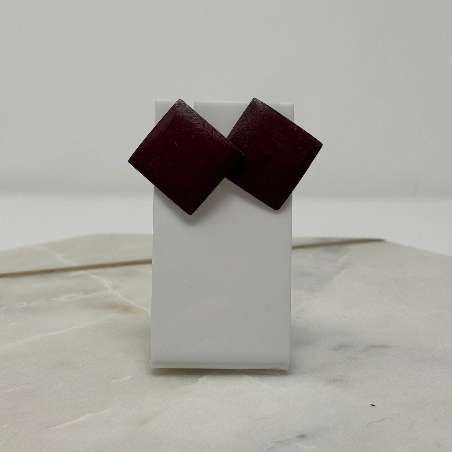 Vintage Dark Maroon Square Wood Earrings