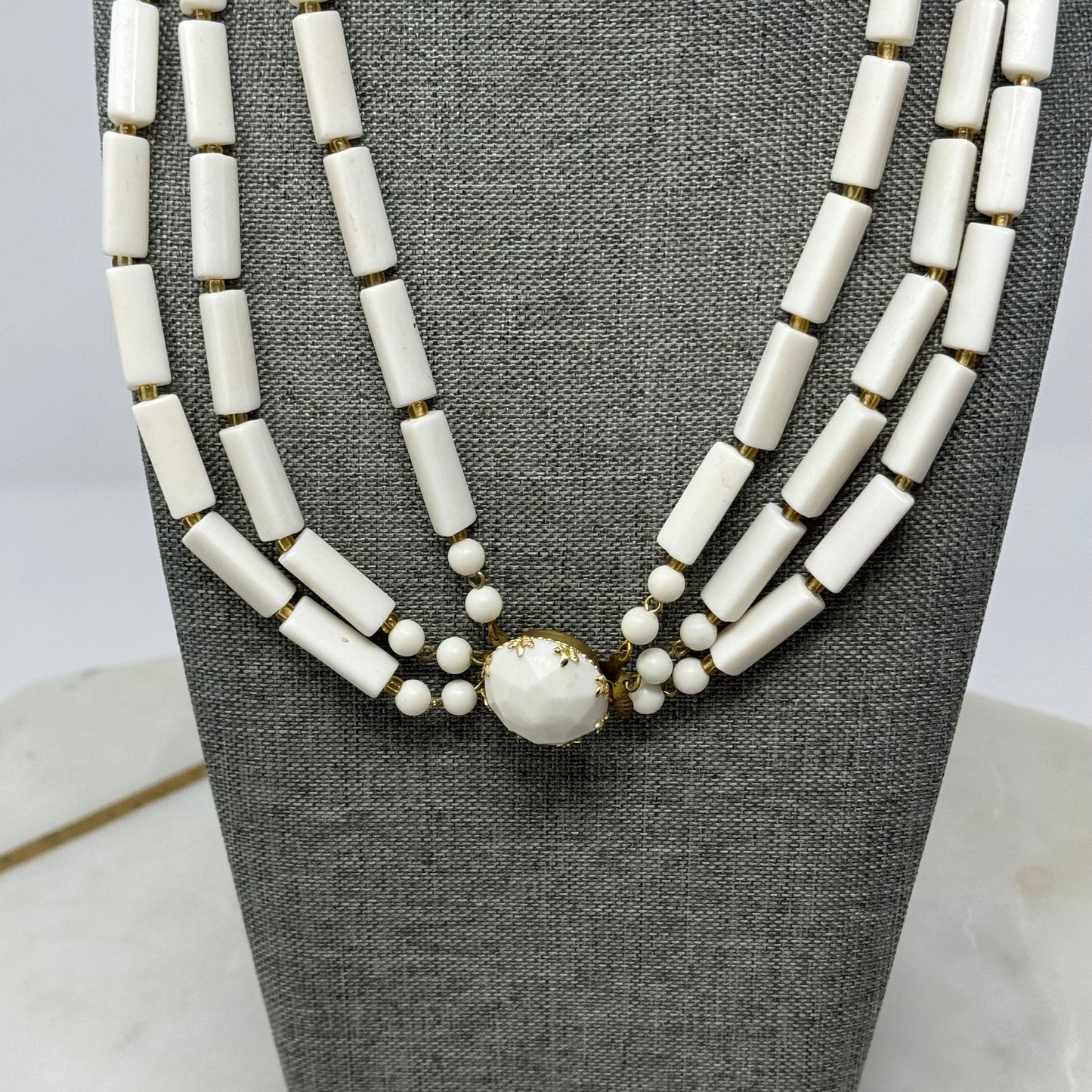 Vintage Necklace Statement Multi Strand Beaded White Box Clasp 15 in Jewelry