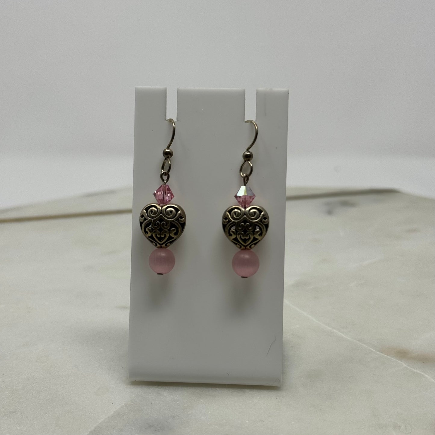 Pink Beaded Heart Dangle Hook Earrings