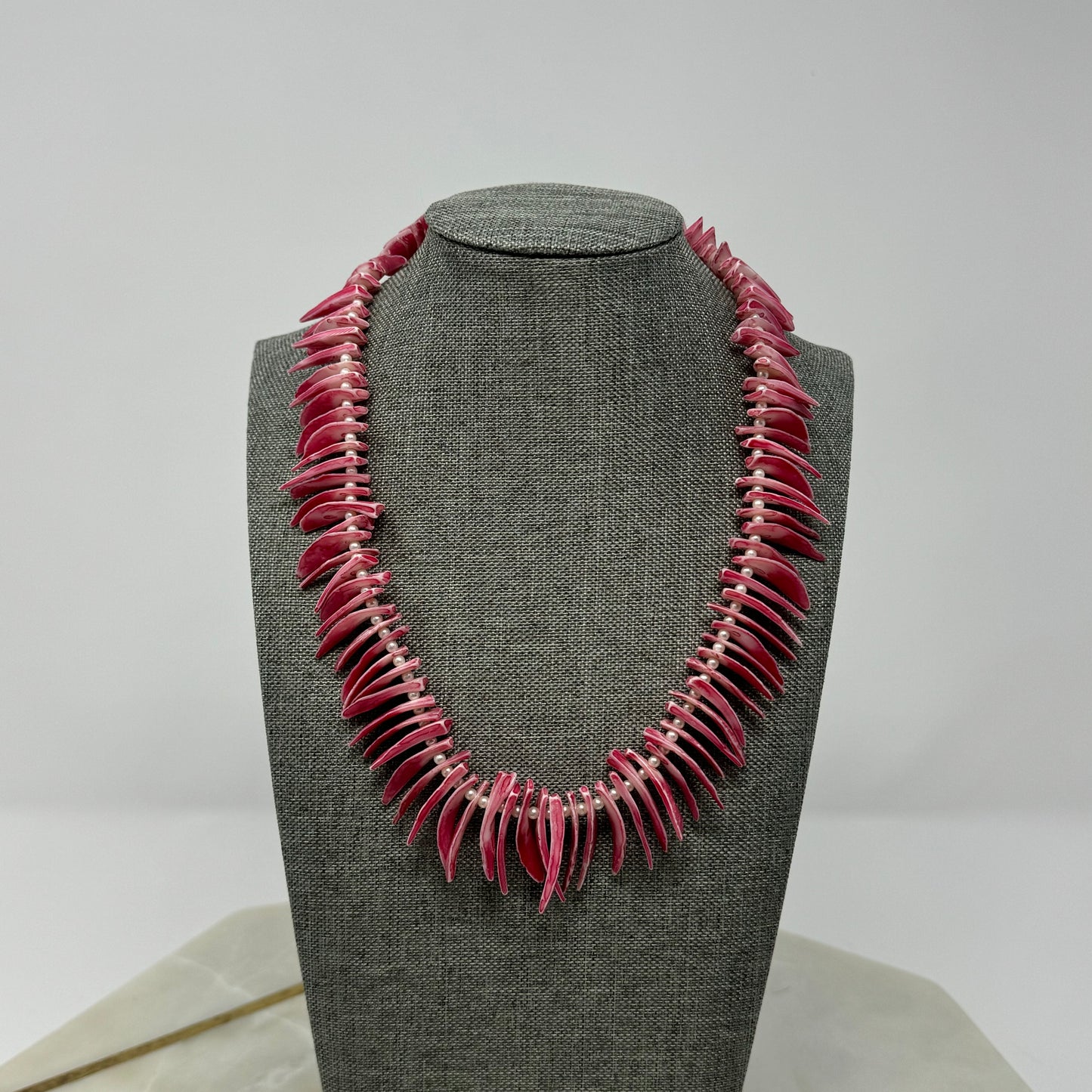 Unique Pink Shell Spike Necklace with Pearl Accents - Handmade Boho Statement Jewelry