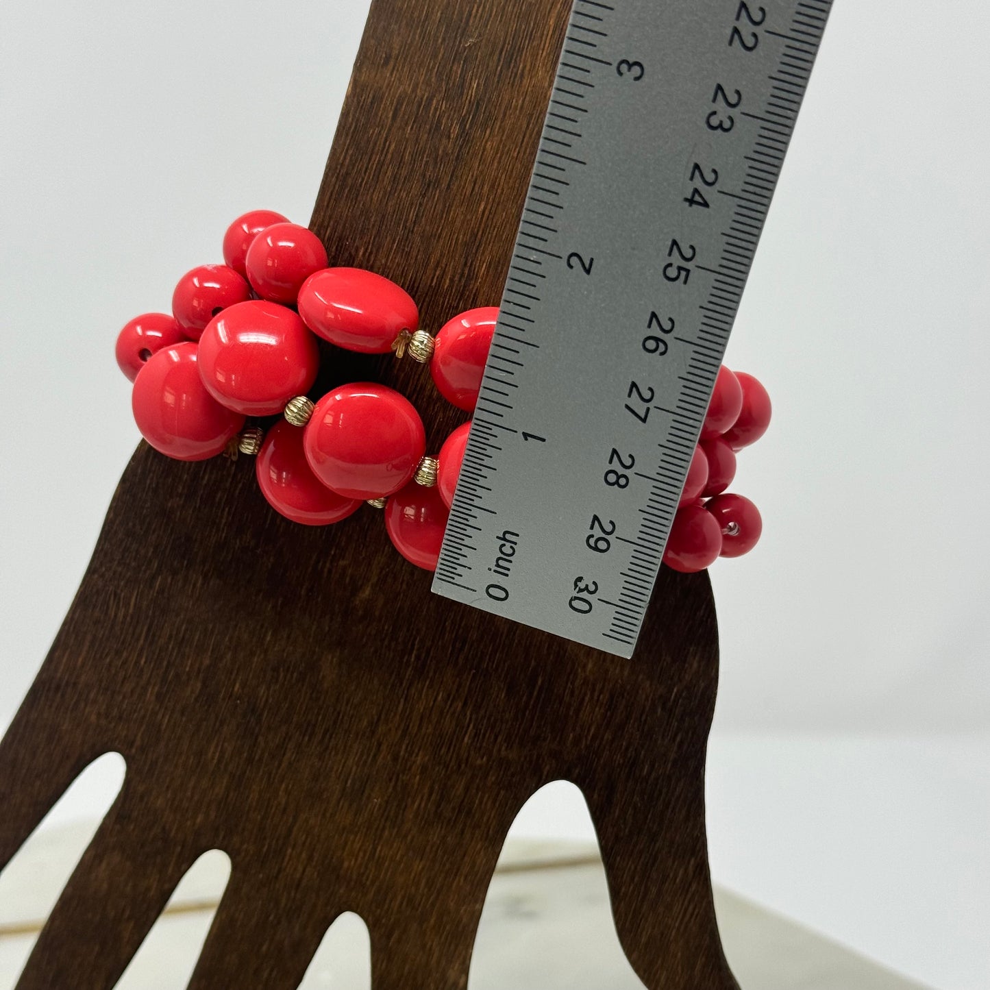 Bracelet Stretch Red Beaded Strands Gold Spacer Set of 3 Stackable Bangles 8 in Costume Jewelry