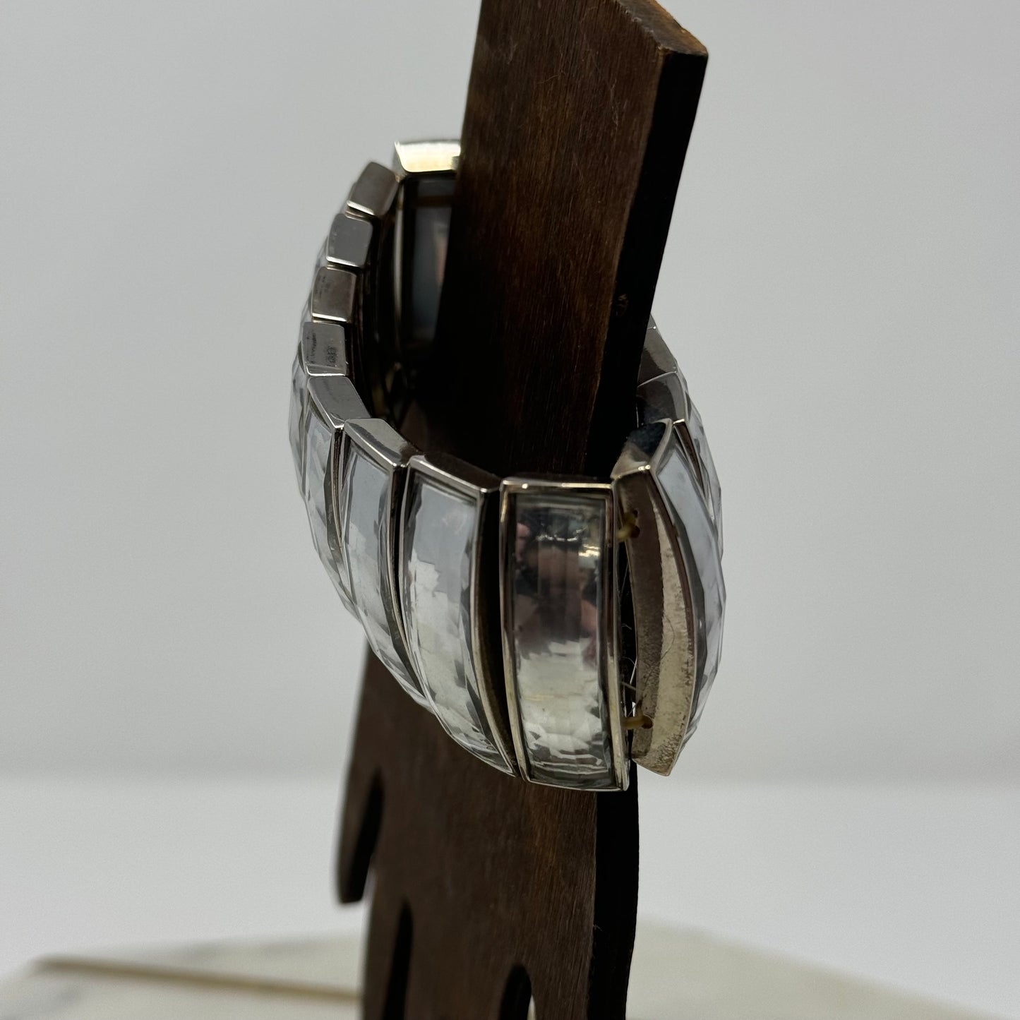 Retro Clear Panel Bracelet - Mid-Century Modern, Chunky Silver Tone Bangle, Retro Statement Jewelry