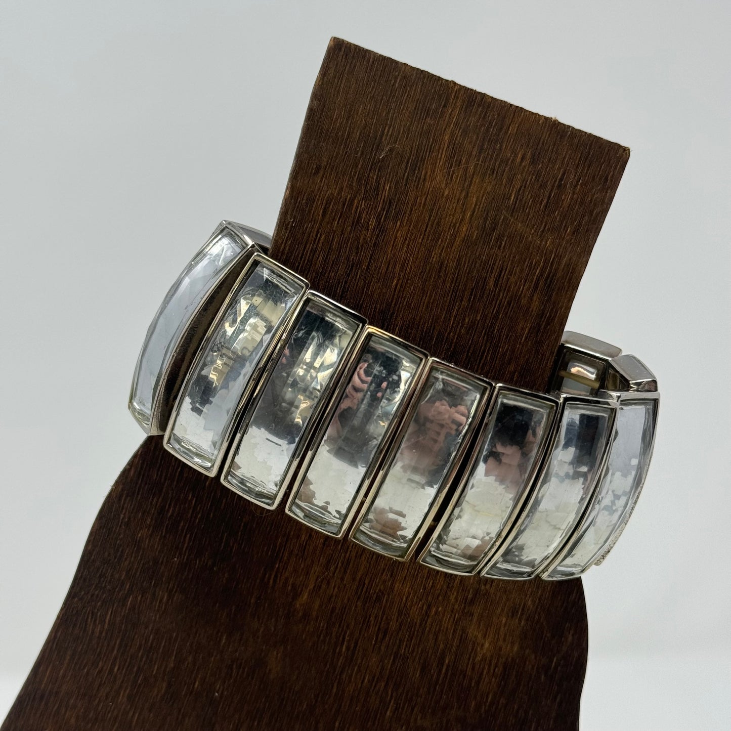 Retro Clear Panel Bracelet - Mid-Century Modern, Chunky Silver Tone Bangle, Retro Statement Jewelry