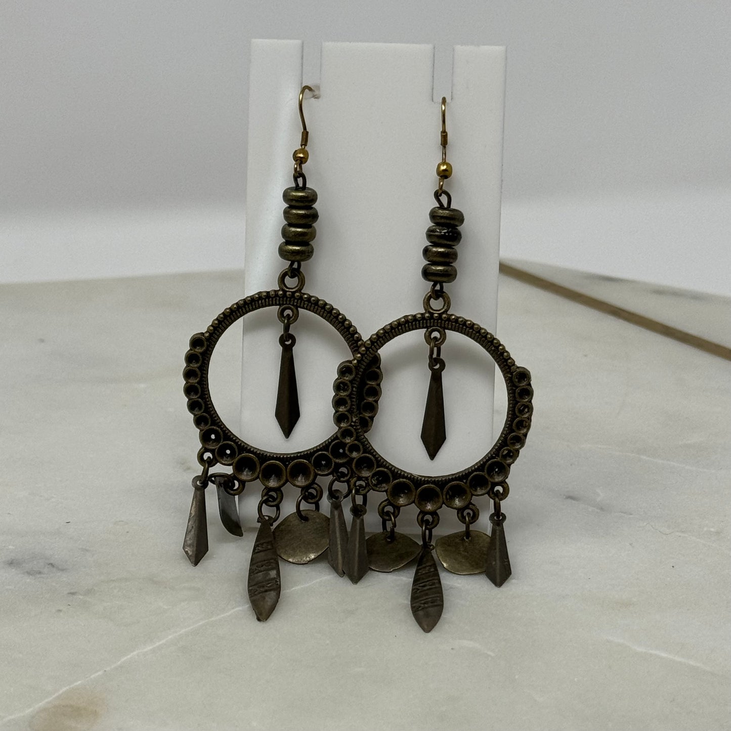 Earrings Boho Southwest Dangles Brass Tone Chandelier Hook 4" Drop Pierced Ear