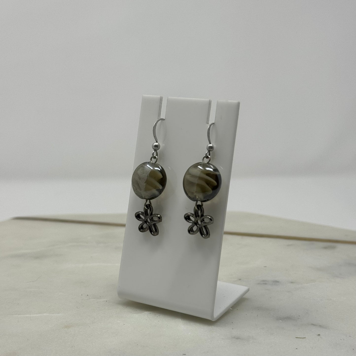 Glass Bead Dangle Flower Accent Hook Earrings