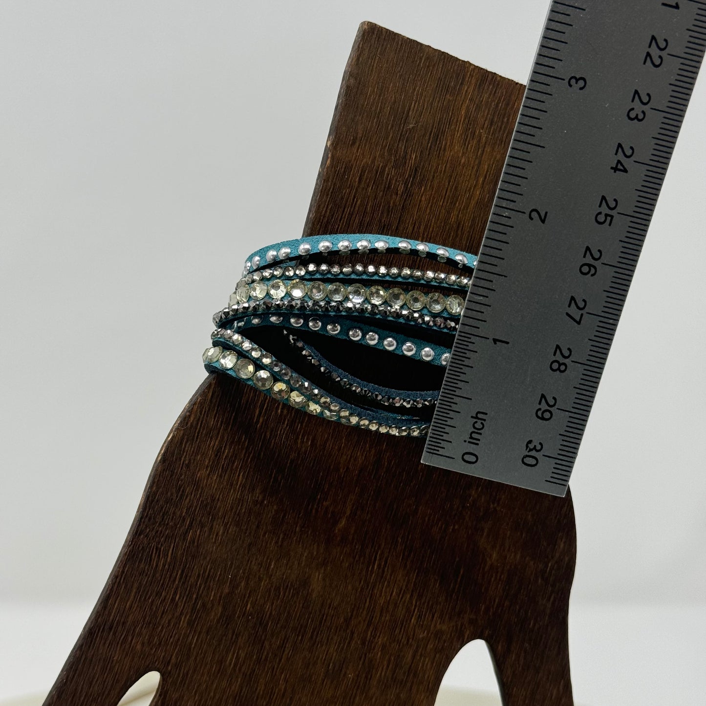 Bracelet Boho Southwest Layer Blue Faux Leather Rhinestone Cuff 9.25 in