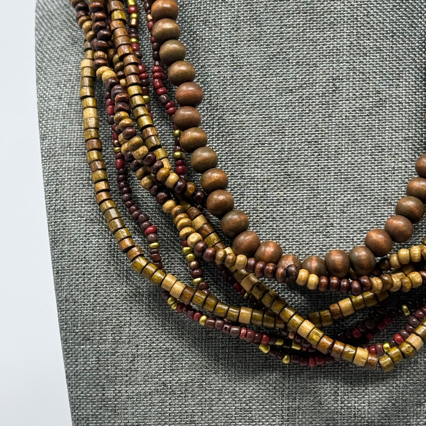 Wooden Bead Statement Necklace Earth Tones Artisan Handmade Multi-Strand Boho Jewelry