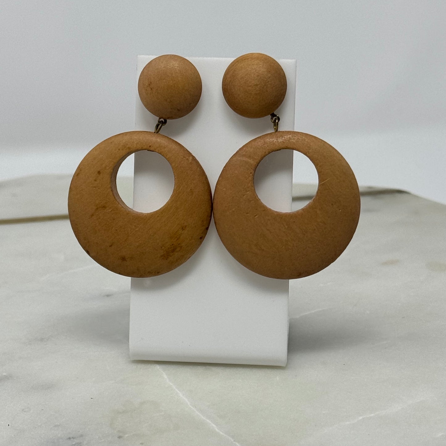 Earrings Boho Wood Dangles Round Stud 2.5 Inch Drop Pierced Ears