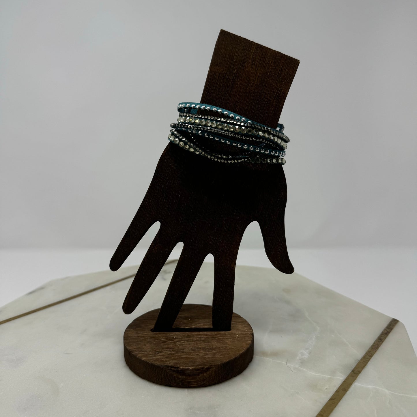 Bracelet Boho Southwest Layer Blue Faux Leather Rhinestone Cuff 9.25 in