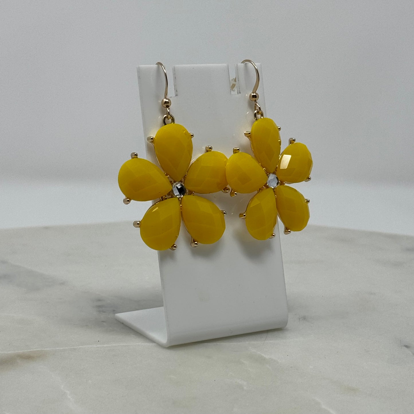 Yellow Flower Rhinestone Dangle Hook Earrings