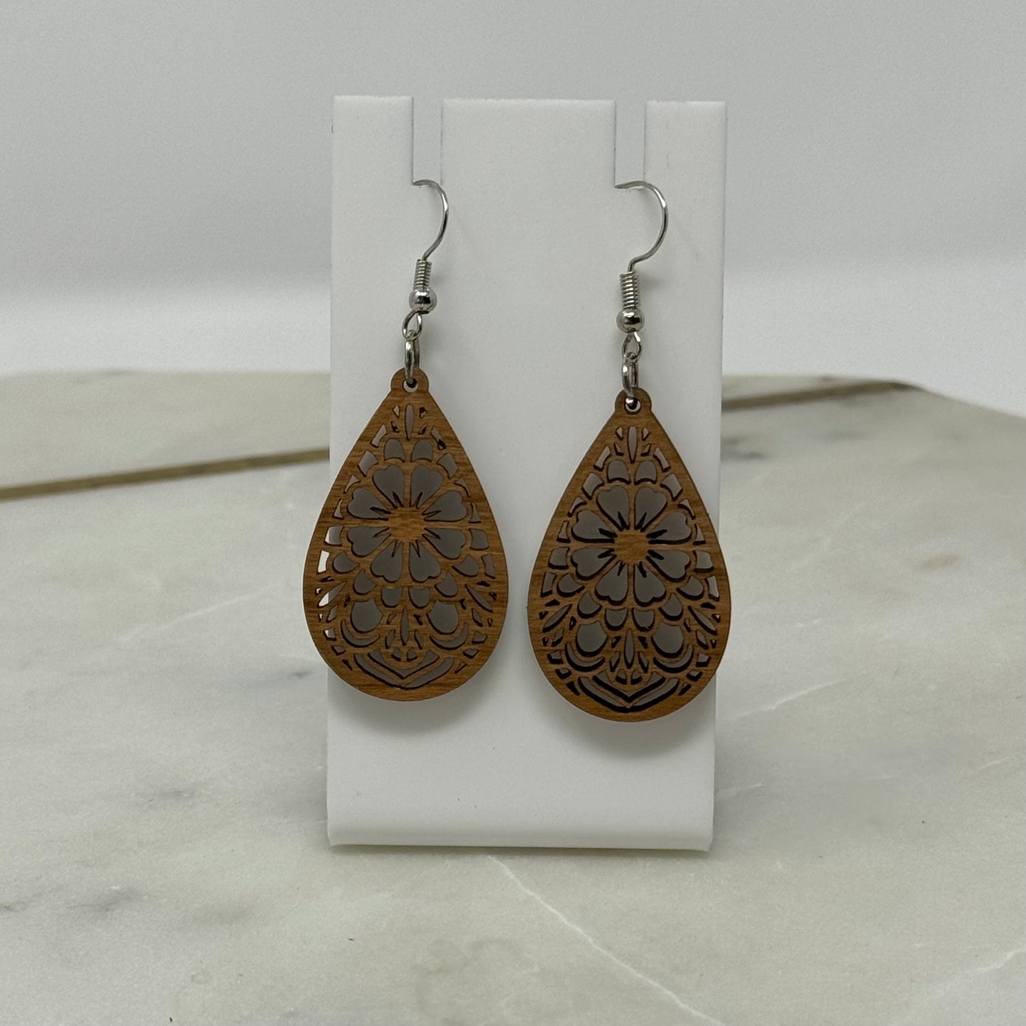 Earrings Boho Woodgrain Intricate Flower Teardrop Hook Dangles 2.5 Inch Drop Brown