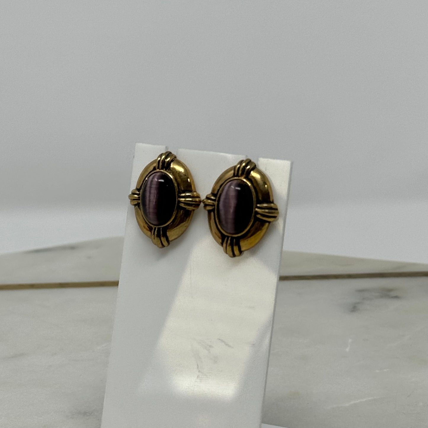 Avon Earrings Boho Southwest Purple Cat Eye 1 in Gold Tone Stud Costume Jewelry