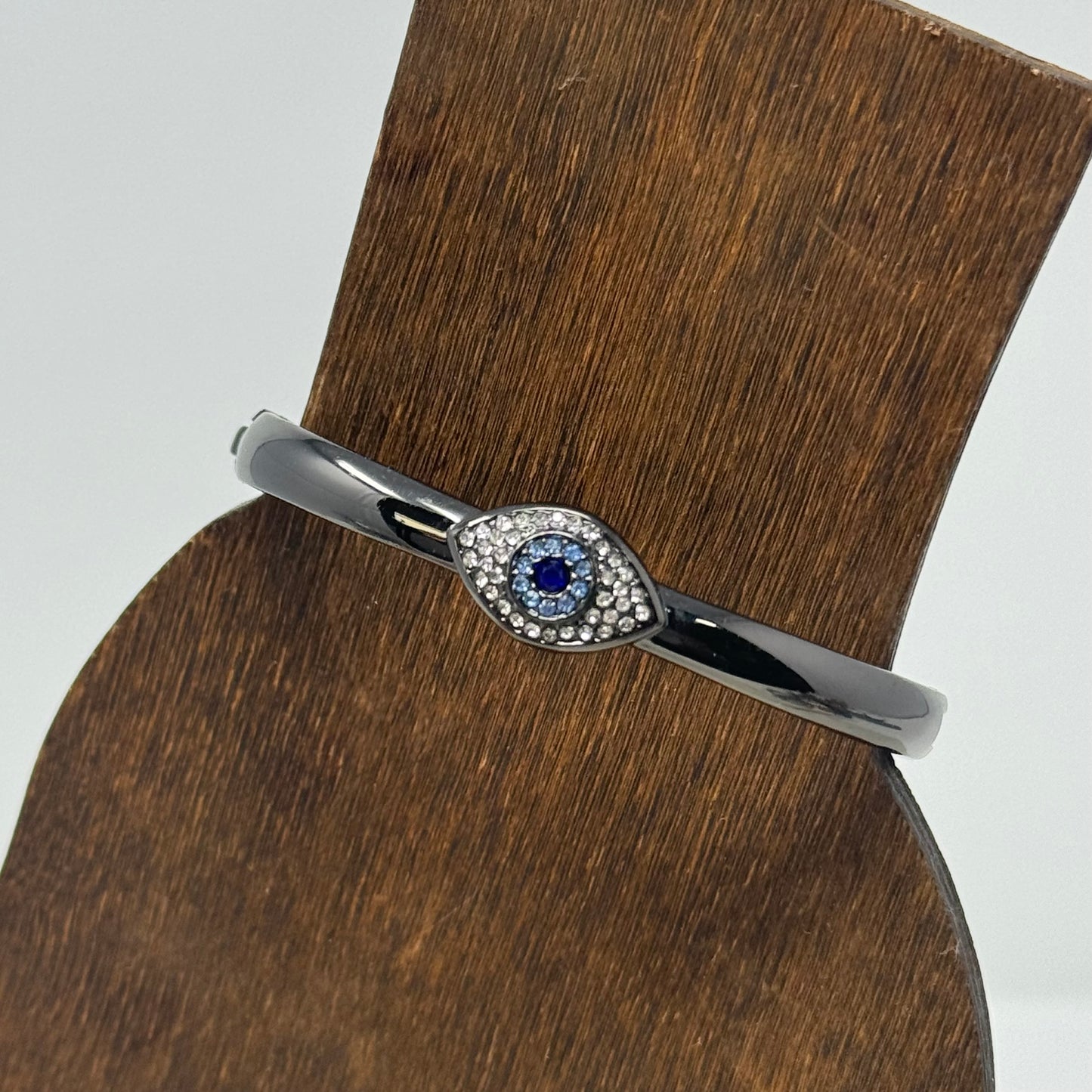 Bracelet Boho Blue Eye Rhinestone Metal Hinge Bangle Gun Metal Tone 7.75 in